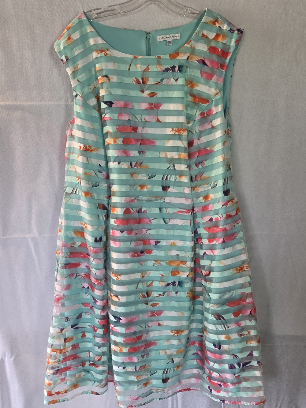 Sandra Darren Aqua and Orange Floral Pleated Bodice Dress